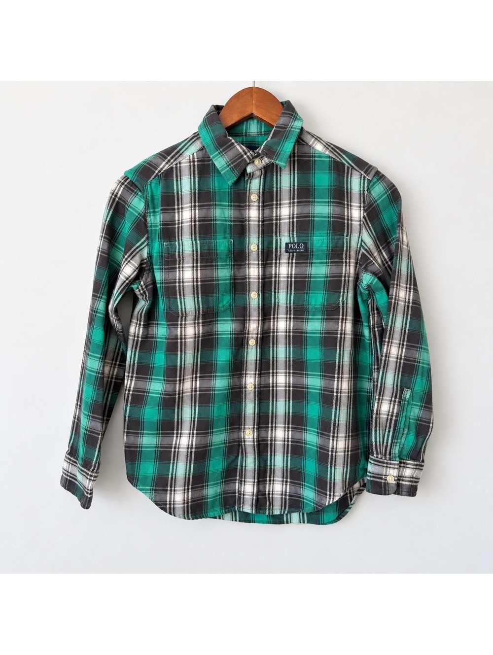 Polo Ralph Lauren Boys Youth Medium 10-12Y Green and Gray Plaid Button-Up Shirt